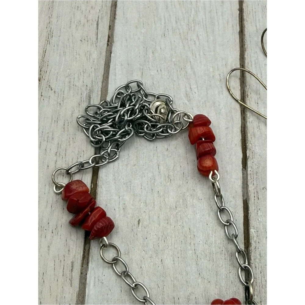 Red coral Bead Cluster Necklace and Earrings Set